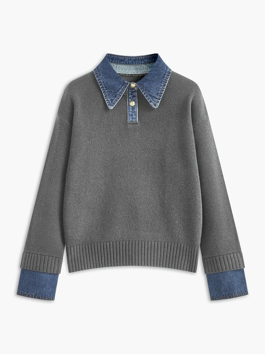 Victoria | Elegant Women's Knit Sweater with Denim Collar
