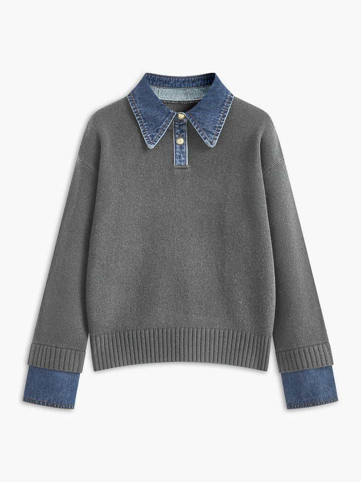 Victoria | Elegant Women's Knit Sweater with Denim Collar
