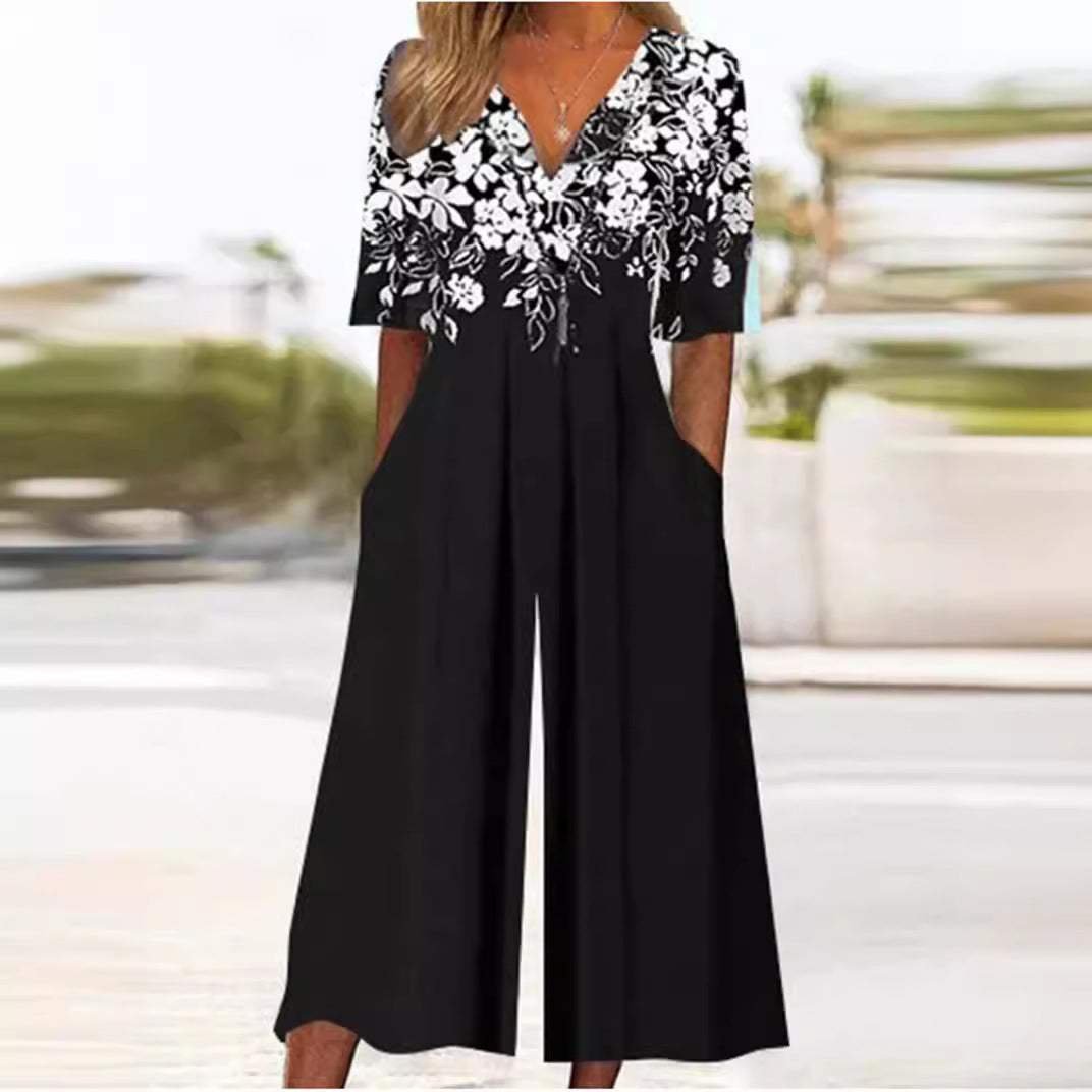 Annika | Jumpsuit für Damen – Boho Blumenmuster mit V-Ausschnitt