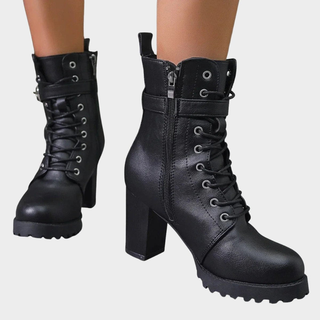 Evelyn | Striking combat ankle boots with laces and a block heel