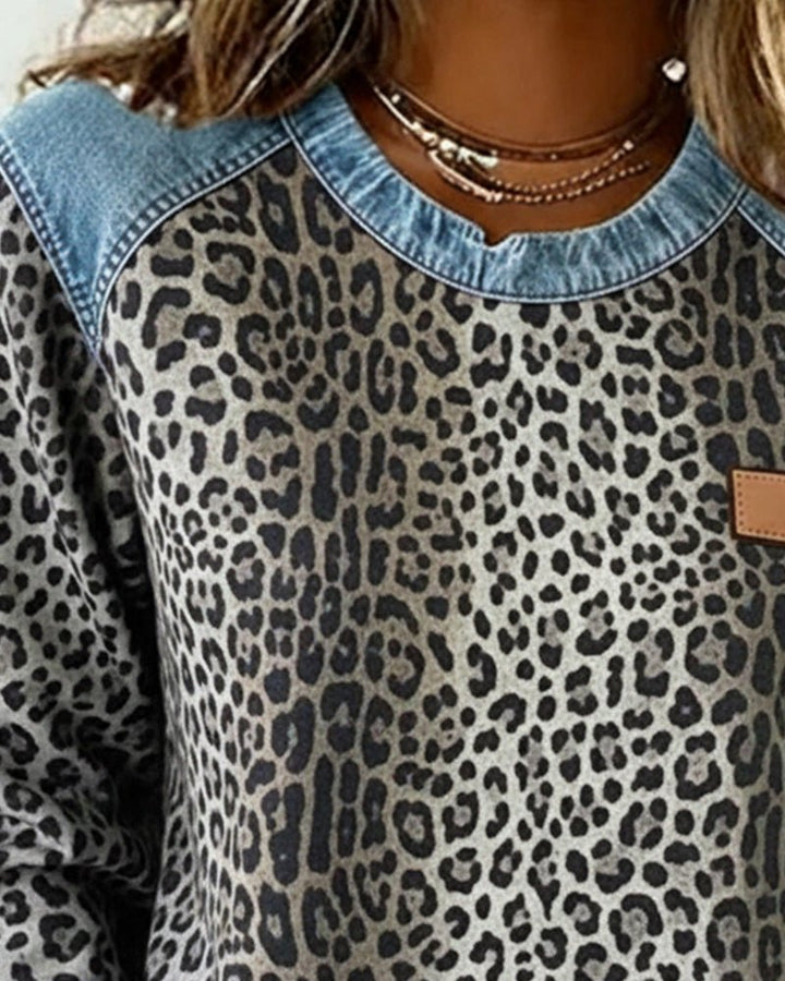 Lina | Pullover – Leopardenmuster Denim Patchwork für Frauen