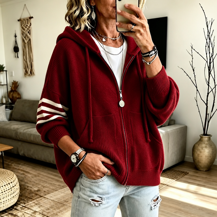 Wearbella | Zip Hoodie – Striped-Sleeve Drop-Shoulder Style