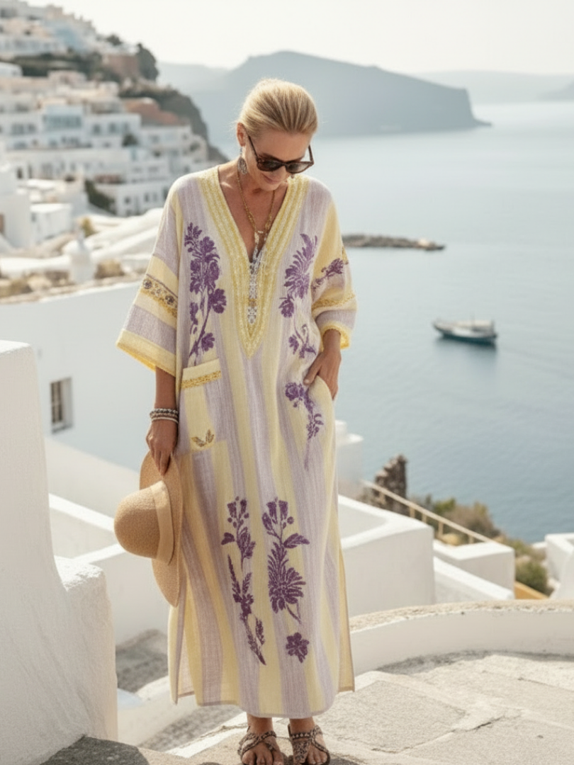 Aurelia | Maxi Kleid – V-Ausschnitt mit Halbärmeln und Streifenmuster