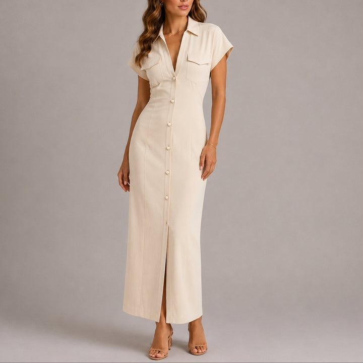 Theresa | Autumn Wedding Dress with Elegant Waist Gathering and Button Placket