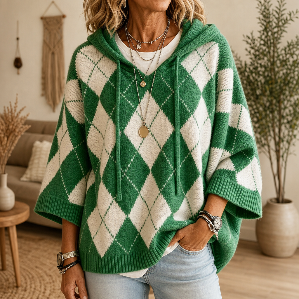 Wrapbella | Hooded Argyle Poncho Sweater – Bequemer Stil für jeden Tag