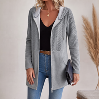 Elena | Long knitted hoodie with a cable-knit pattern and a zipper
