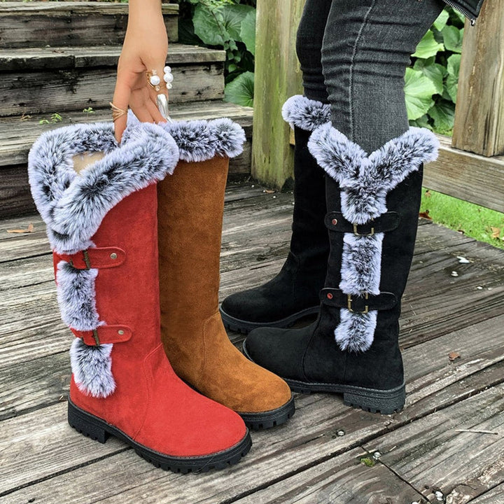 Georgina | Cozy knee-high faux suede boots with fur trim and buckles