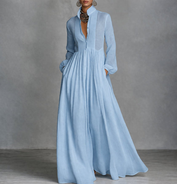 Marie | Elegant maxi shirt dress with stand collar and long sleeves