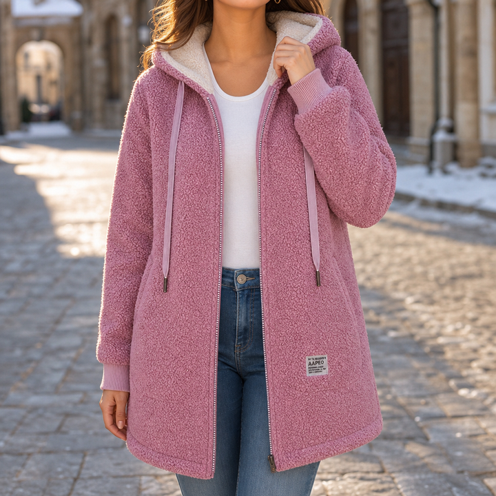 Veloura | Hooded Mid-Length Faux-Shearling Jacket für Frauen