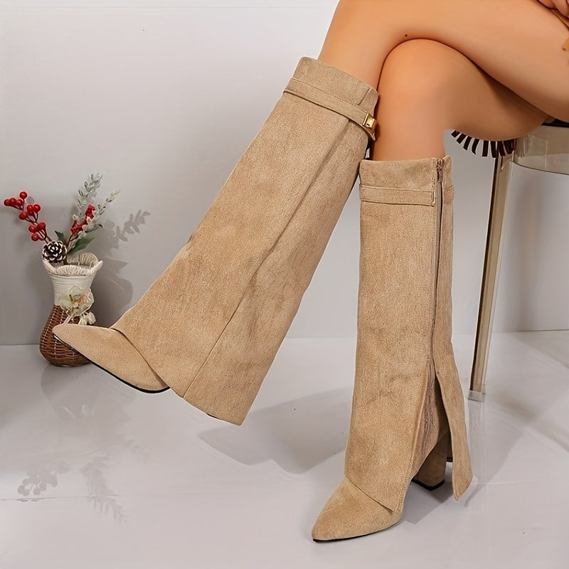 Megan | Elegante kniehohe Stiefel mit spitzer Schuhspitze und Schnallendetail