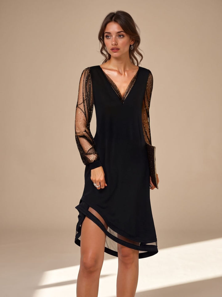 Camila | Mini Kleid – Glamouröses Schwarz mit Transparenten Ärmeln für Frauen