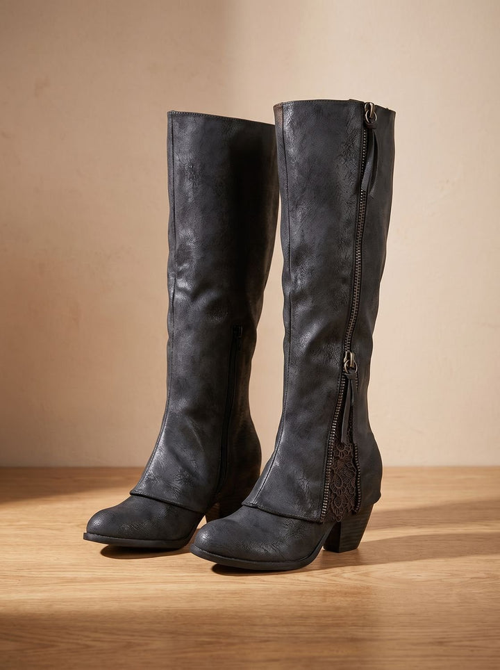 Evelyn | Kniehohe Stiefel – Chunky Blockabsatz mit seitlichem Reißverschluss