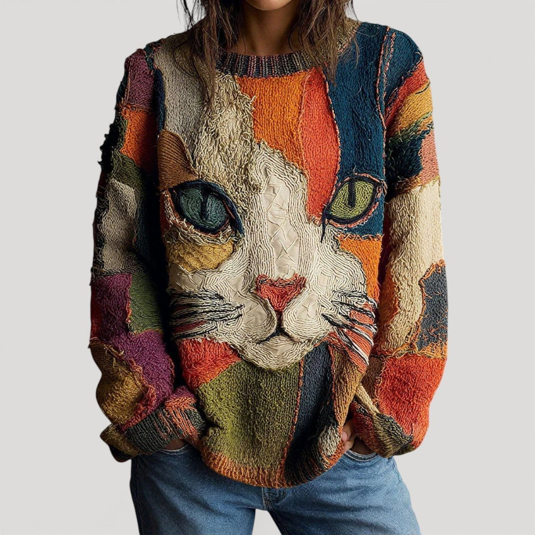 Elena | Bunter Und Gemütlicher Strickpullover Mit Katzenmotiv
