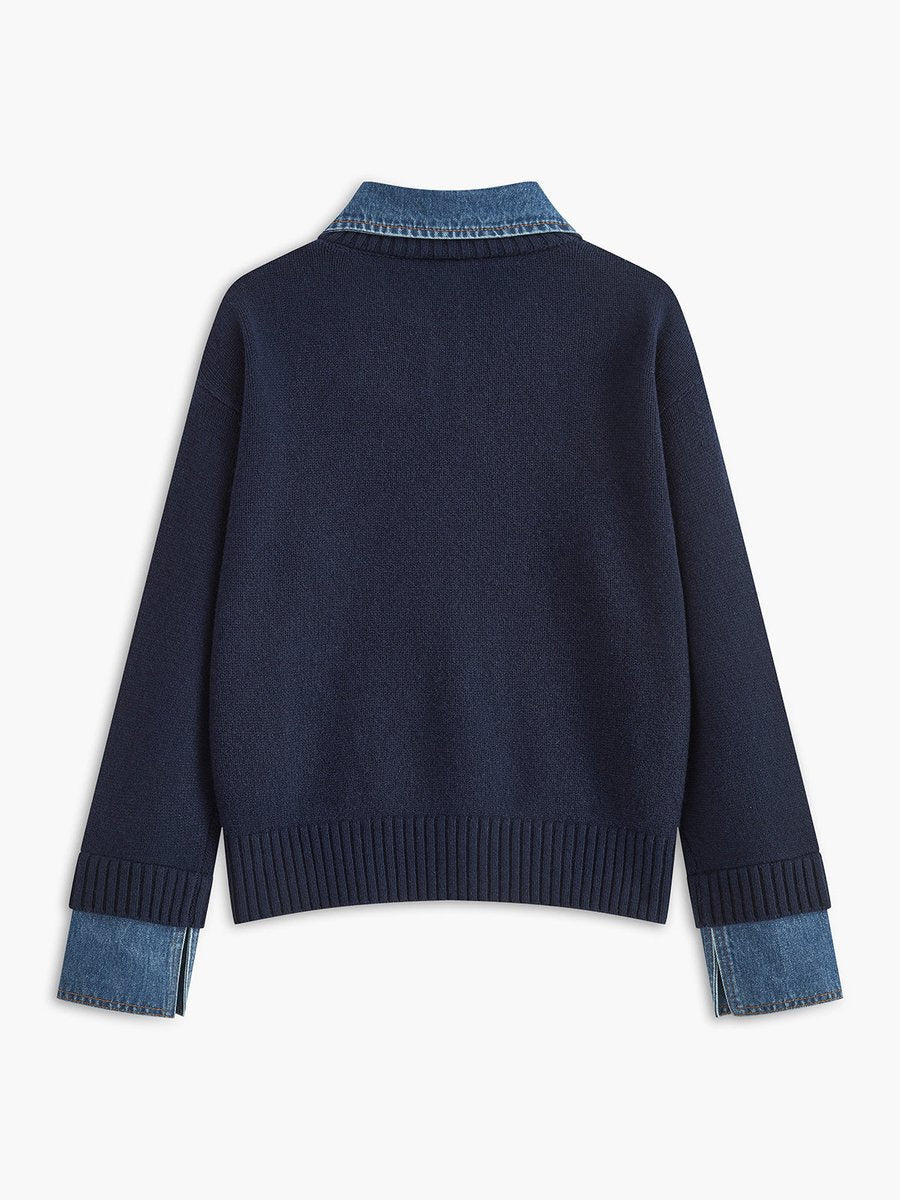 Victoria | Elegant Women's Knit Sweater with Denim Collar