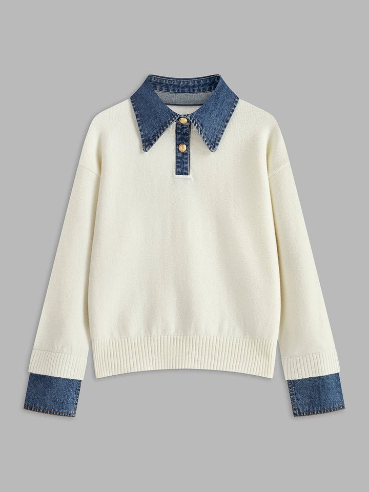 Victoria | Elegant Women's Knit Sweater with Denim Collar