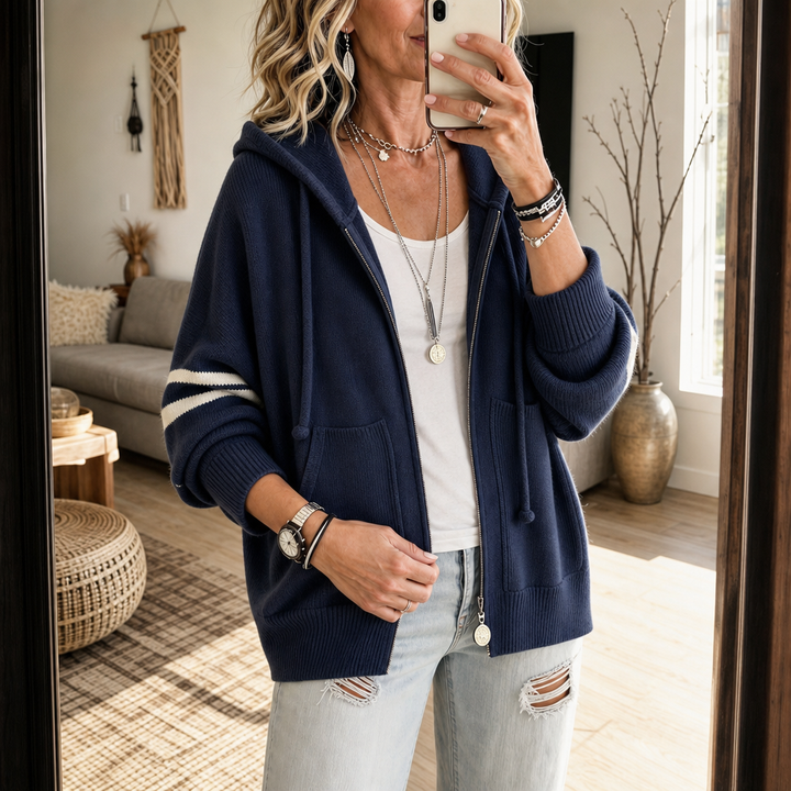 Wearbella | Zip Hoodie – Striped-Sleeve Drop-Shoulder Style