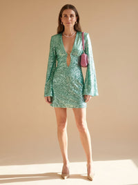 Katharina | Sequin Mini Dress with Plunging Neckline and Wide Sleeves