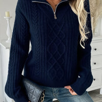 Laura | Edler Zopfstrickpullover mit Halbem Reißverschluss und Stehkragen