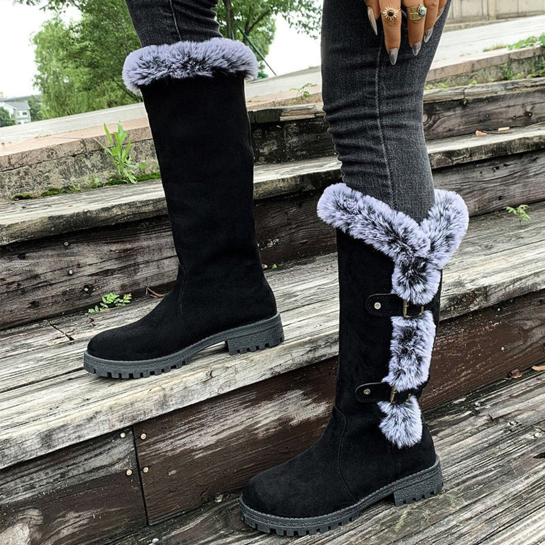 Georgina | Cozy knee-high faux suede boots with fur trim and buckles
