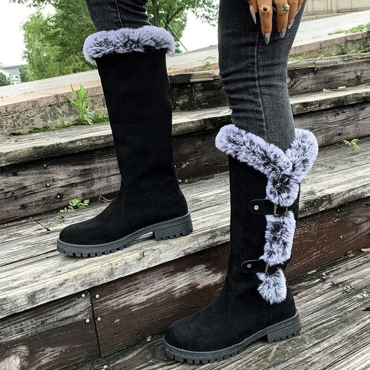 Georgina | Cozy knee-high faux suede boots with fur trim and buckles