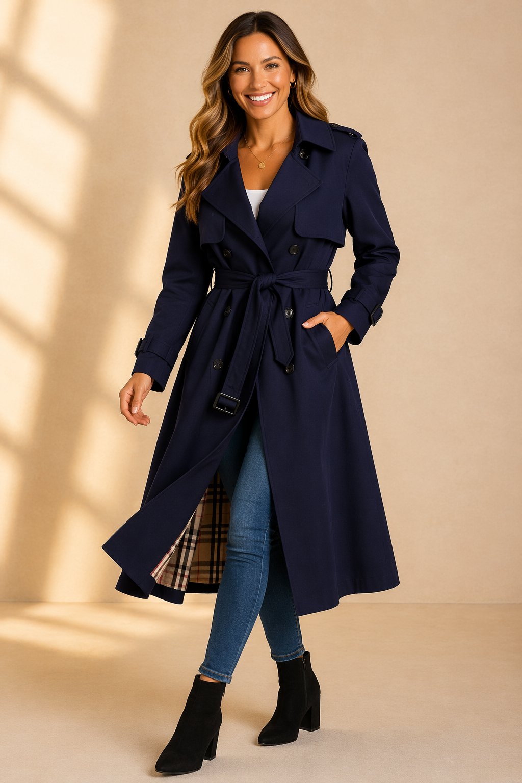 Morgan | Long Double-Breasted Trench Coat with Waist Belt