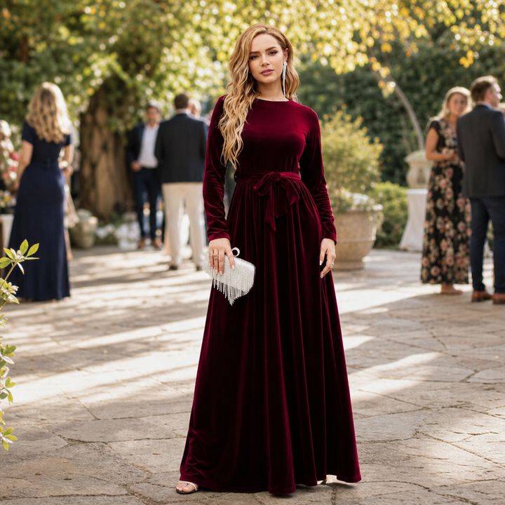 Velvora | A-Line Maxi Dress aus Samt – Elegantes Design mit Taillengurt für besondere Anlässe